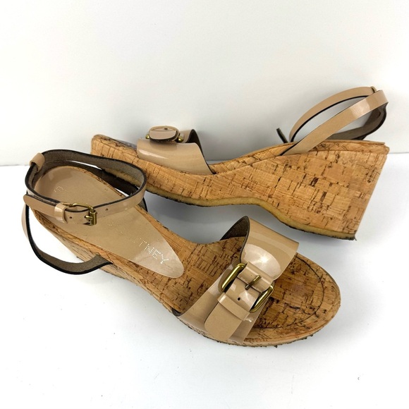 Stella Mccartney Patent Leather Ankle Strapped Cork Wedge Sandals Women’s Sz 6 - Picture 1 of 7